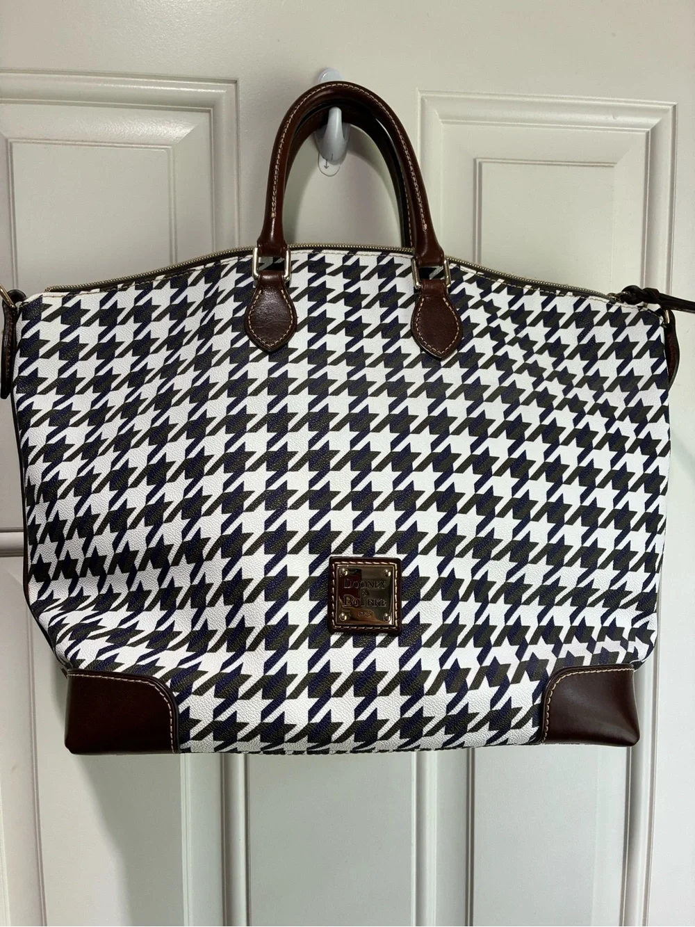 Dooney & Bourke Black and White Houndstooth Duffel with Brown Trim